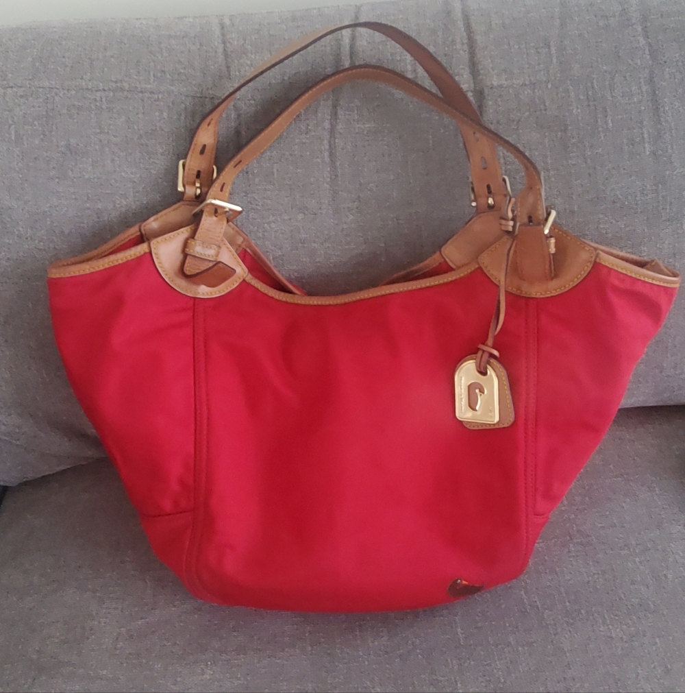 Dooney and Burke | red nylon tote with leather handles